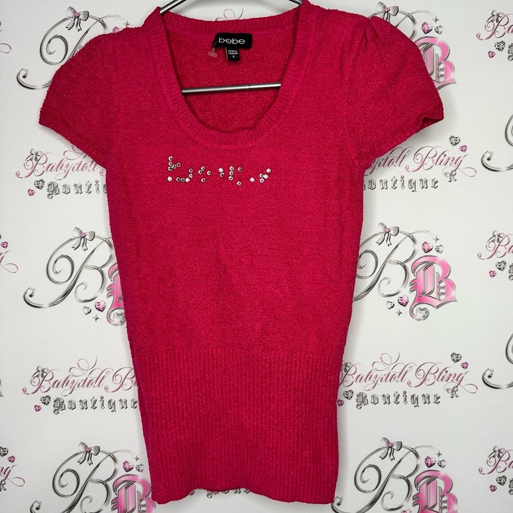 Bebe fur top baby fur chenille soft bright pink rhinestone Swarovski crystals